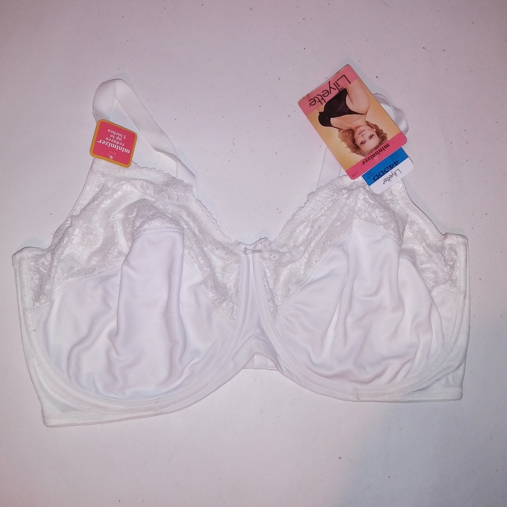 Lilyette Bra 44DDD Unlined Minimizer Solid White Lace Trim Underwire New